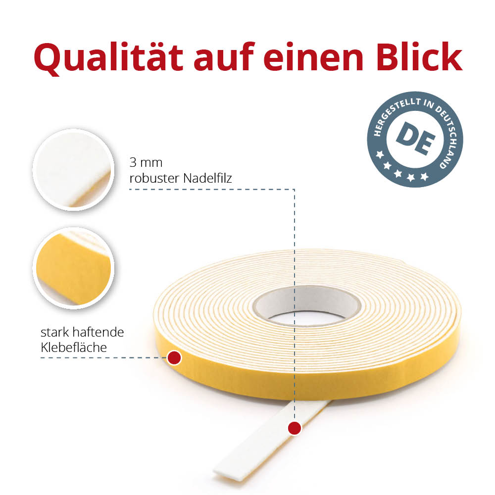 Filzklebeband weiß Kantenschutz 10m lang 1,3mm dick 6-30mm breit 